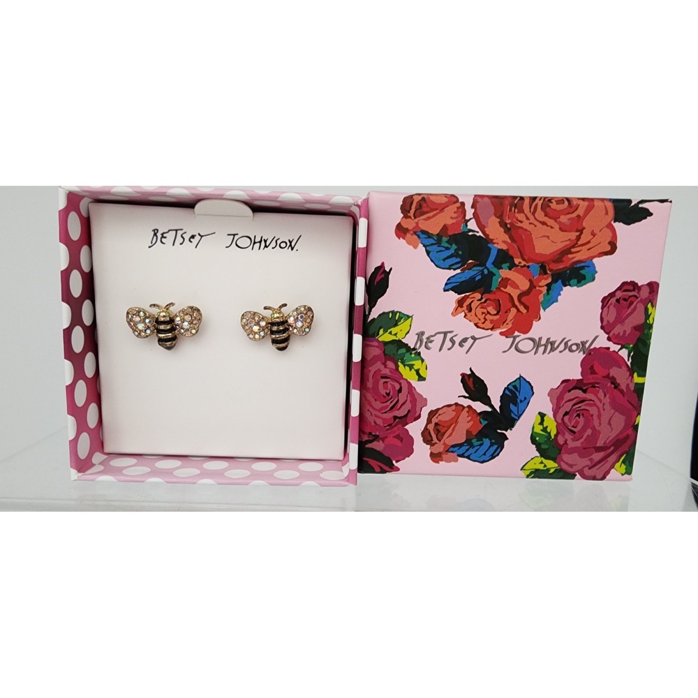 Betsey Johnson Bumble Bee Stud Earrings Womens Gold Tone New AB Crystal Enamel